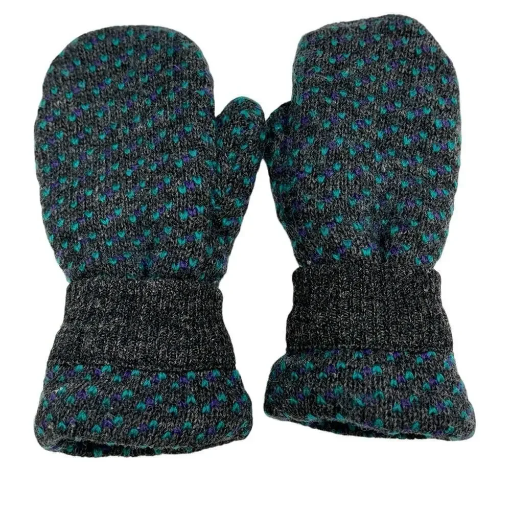 Fleece lined wool mittens, gray/ aquamarine blue combination winter mittens M/L